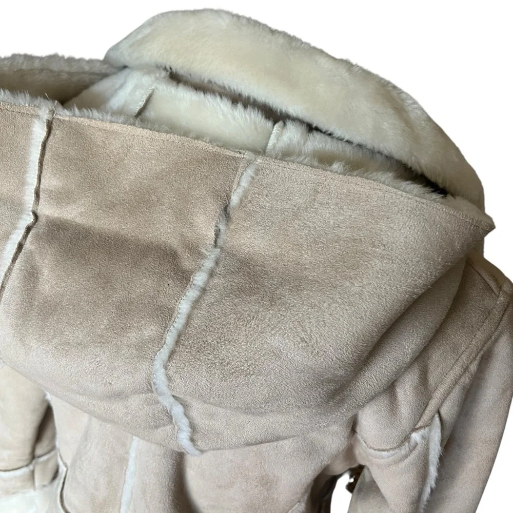 VINTAGE 90s Cream Faux Suede & Fur Hooded Coat Size Large - Picture 7 of 15